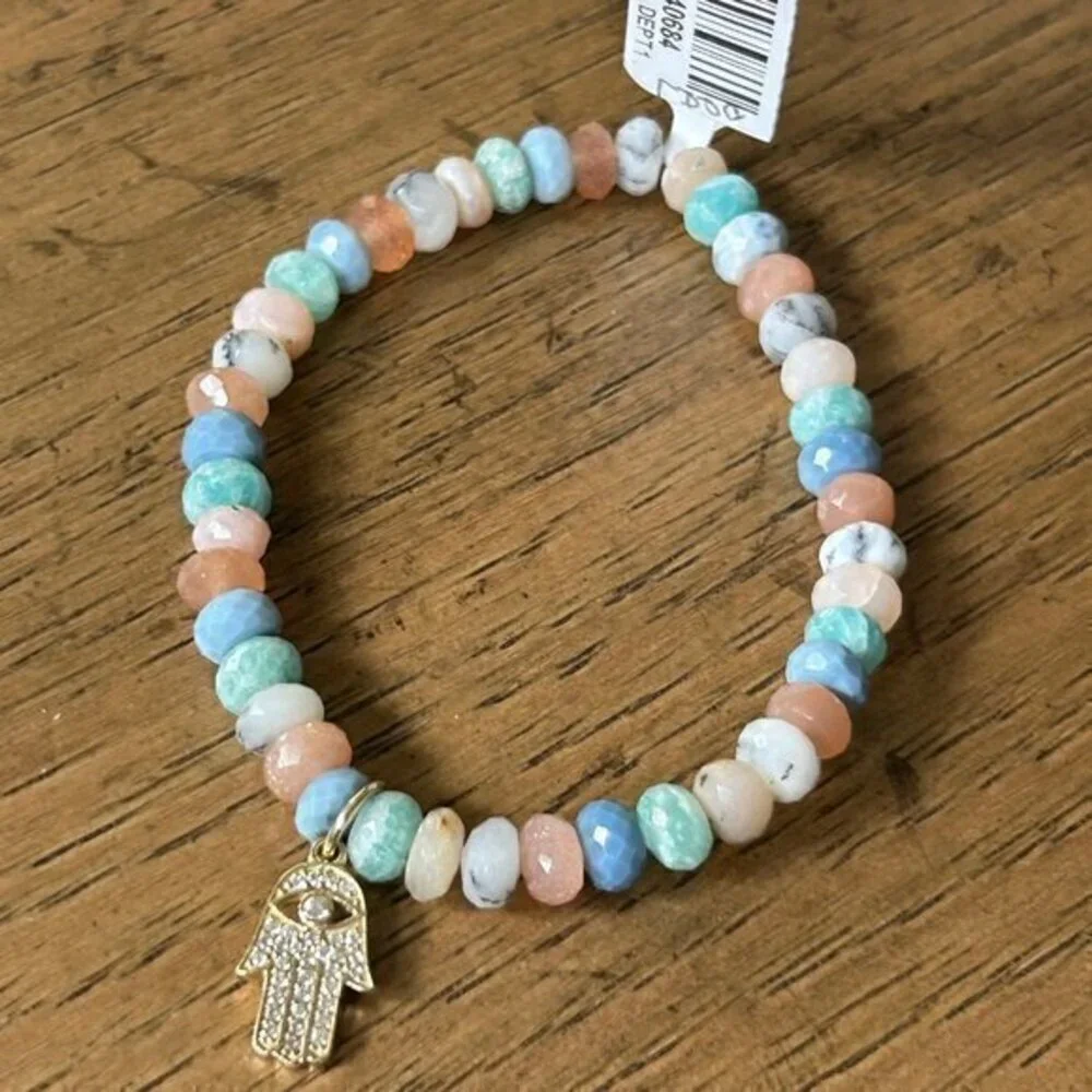 RARITIES Carol Brodie Multi Gemstone Bead Bracelet with HAMSA CHARM S-M